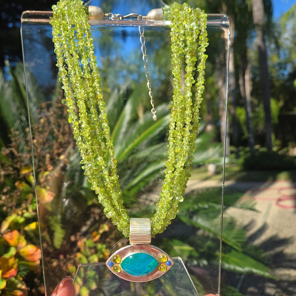 Peridot Chips and Chrysocolla Gemstone Eye Necklace, Rare Find
